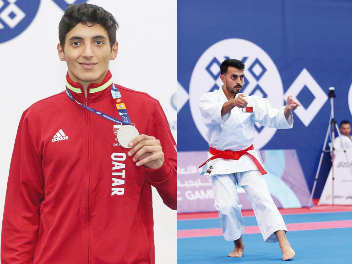 Ali Owaida (left) celebrates after winning the silver medal and Agham Hashem in action during the individual kata event.