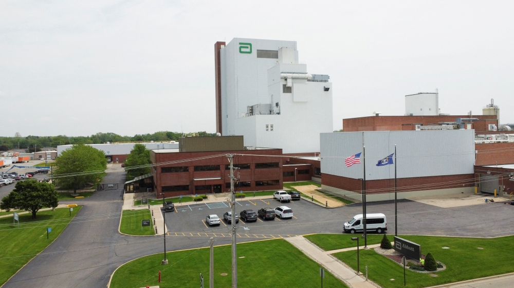 FILE PHOTO: The Abbott Laboratories facility where dozens of recalled types of powdered baby formulas were made leading to production being halted at the location in Sturgis, Michigan, U.S., May 20, 2022. Picture taken with a drone. REUTERS/Eric Cox
