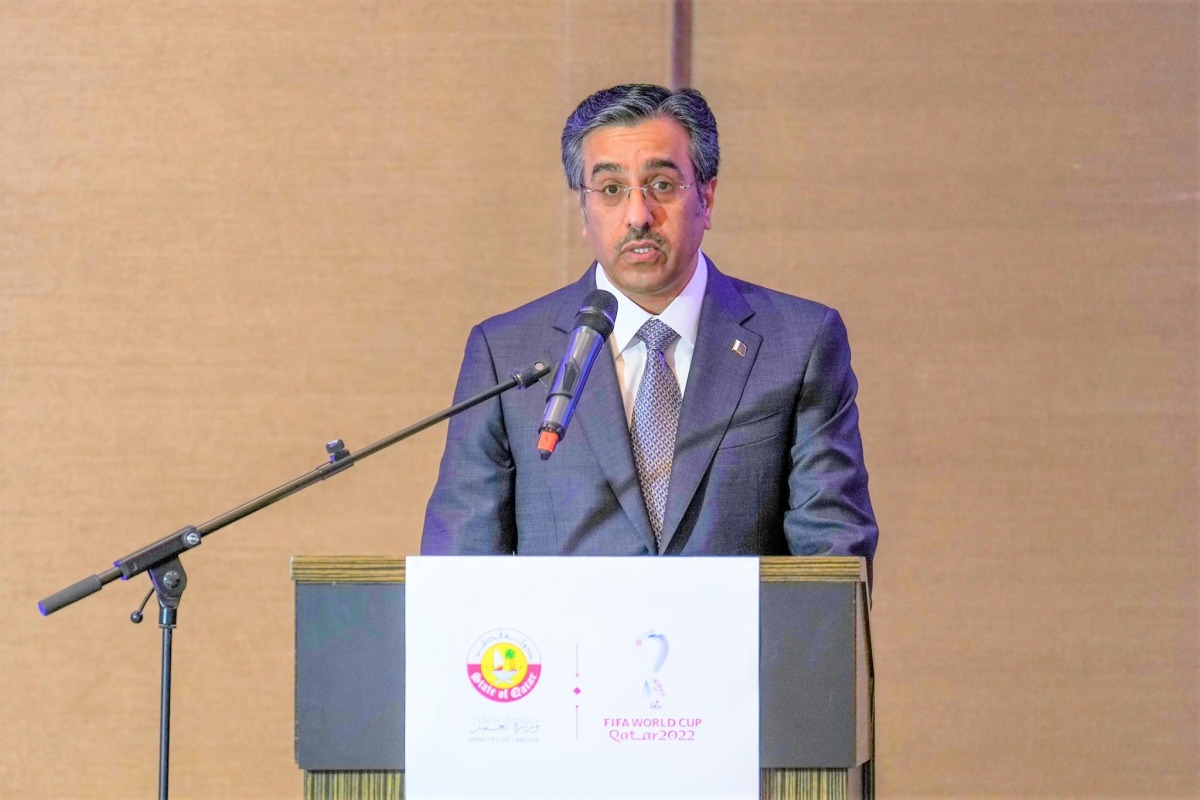 Minister of Labour H E Dr. Ali bin Samikh Al Marri addressing the meeting of Arab Ministers of Labour in Geneva.