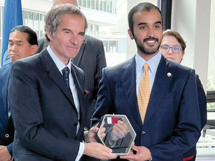 International Atomic Energy Agency Director-General H E Rafael Grossi (left), honouring Qatar at the Agency's headquarters in Vienna, Austria, yesterday.