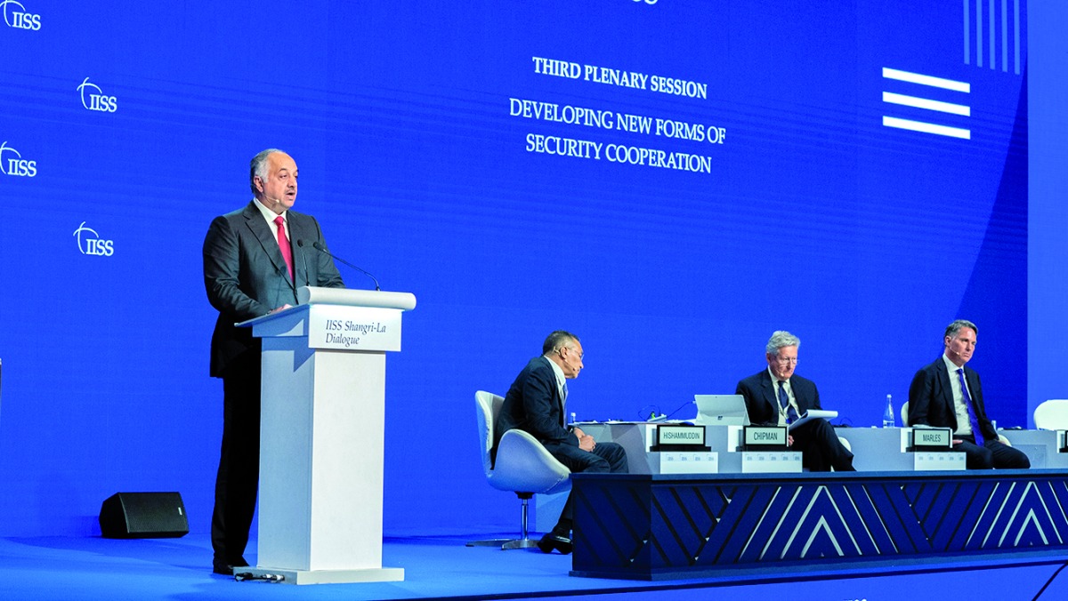 Deputy Prime Minister and Minister of State for Defence Affairs H E Dr. Khalid bin Mohamed Al Attiyah delivering a speech during 19th Shangri-La Dialogue.