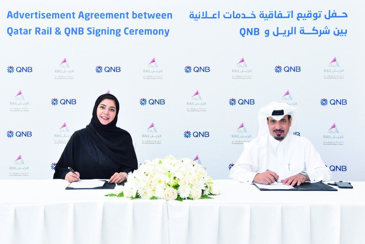 Heba Al Tamimi, General Manager of QNB Group Communications and Ajlan Eid Al Enazi, Chief of Strategy and Business Development at Qatar Rail, during the agreement signing ceremony, in Doha, recently. 