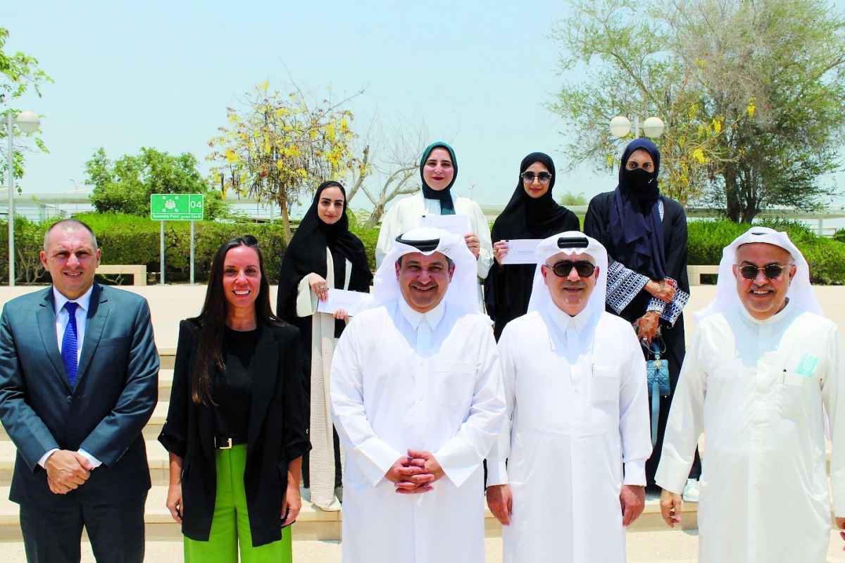 Prize winners - back row (from left): Fatima Al Emadi, Doha Elsaman, Lolwa Al Mohannadi, Fatima Al Mohannadi. Front row (from left): Dr. Raffaello Furlan, Dr. Goze Bayram, Dr. Khalid Kamal Naji, Architect Ibrahim Jaidah, Dr. Rashid Saad H Al Matwi
