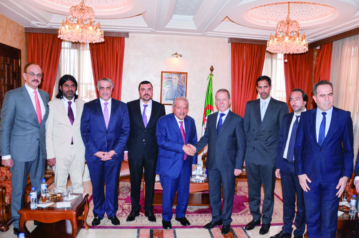 Algerian Minister of Agriculture and Rural Development H E Mohamed Abdel Hafeez Hani, Ambassador of Qatar to Algeria H E Abdulaziz Ali Ahmed Al Naama, and QBA Chairman Sheikh Faisal bin Qassim Al Thani with other officials during the meeting, in Algeria, recently. 