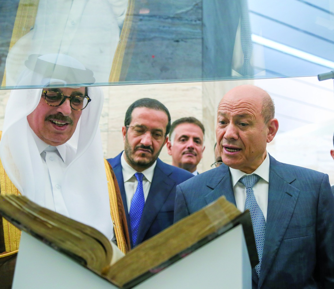 H E Dr. Hamad bin Abdulaziz Al Kawari and H E Dr. Rashad Muhammad Al Alimi at the Qatar National Library.