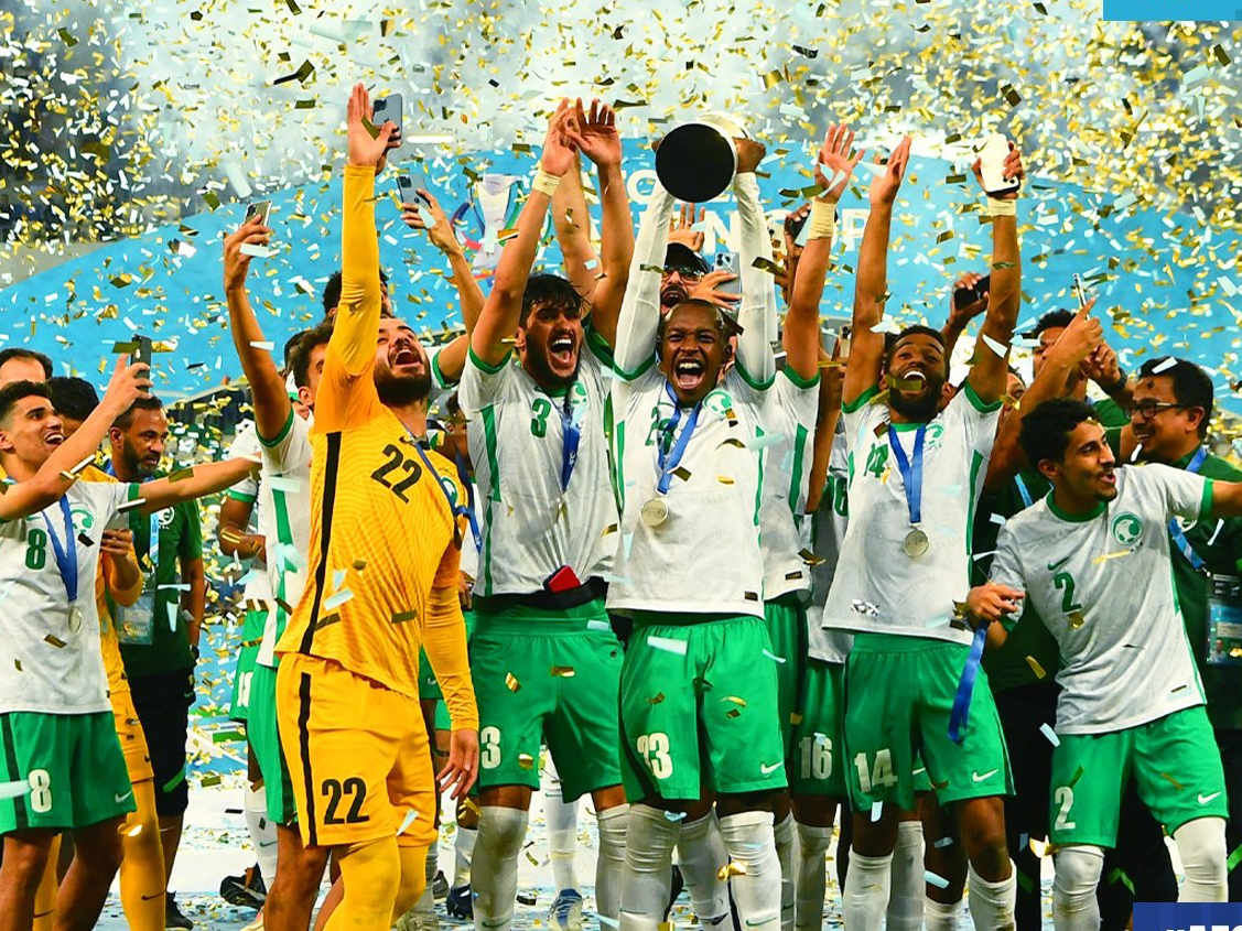 Saudi Arabian players celebrate with the trophy. PIC: AFC