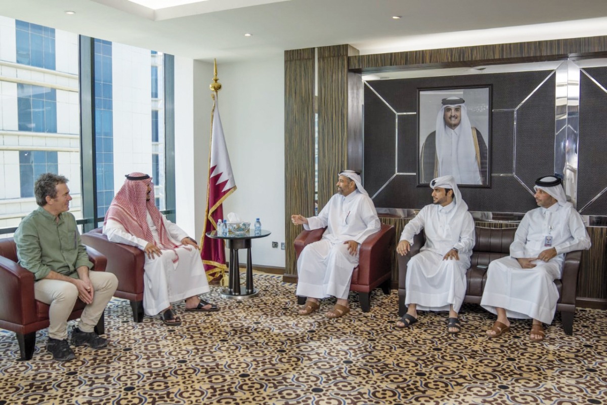 Minister of Environment and Climate Change H E Sheikh Dr. Faleh bin Nasser bin Ahmed bin Ali Al Thani meeting with Advisor of the Arabian Bustards project at the authority developing the Prince Mohammad Bin Salman Nature Reserve in Saudi Arabia HRH Prince Khalid bin Sultan bin Faisal Al Saud.