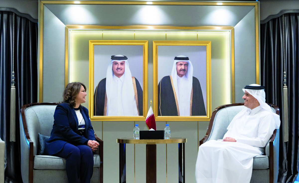 Deputy Prime Minister and Minister of Foreign Affairs H E Sheikh Mohammed bin Abdulrahman Al Thani during a meeting with Minister of Foreign Affairs of Libya H E Najla El Mangoush.