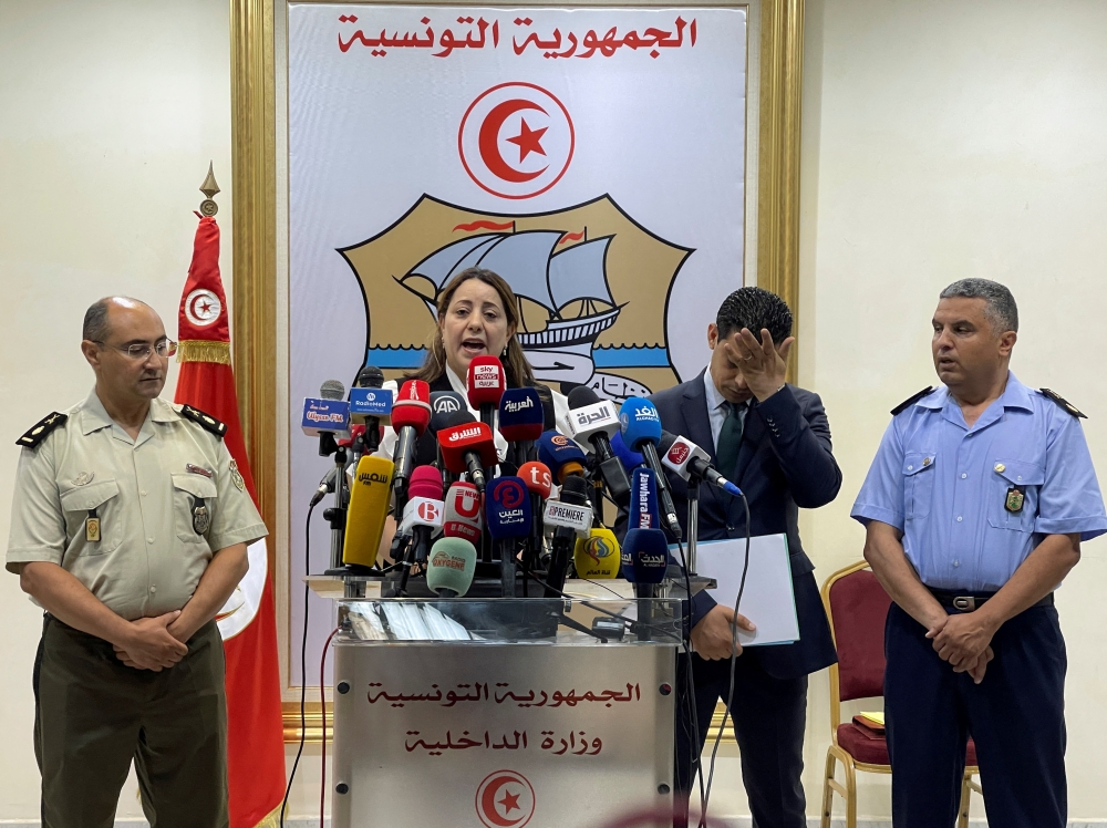 Official spokesperson of the Ministry of Interior, Fadhila Khlifi, speaks during a news conference in Tunis, Tunisia June 24, 2022. (REUTERS/Jihed Abidellaoui)