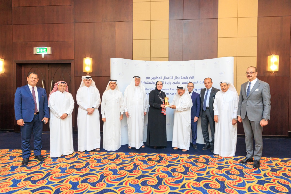 Egyptian Minister of Trade and Industry H E Nevin Gamea, H E Amr El Sherbiny, Egyptian Ambassador to Qatar, with QBA’s Chairman Sheikh Faisal bin Qassim Al Thani, First Deputy Chairman Hussein Ibrahim Al Fardan, and Board Member Sheikh Hamad bin Faisal Al Thani, with other officials, during the meeting.