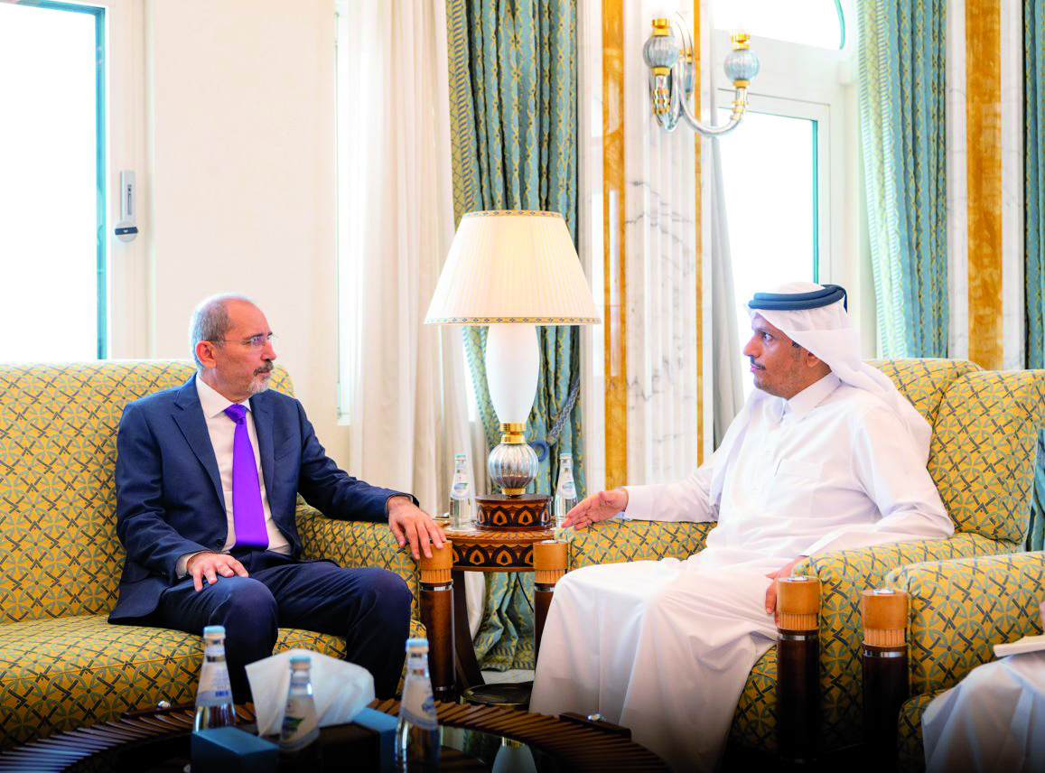 Deputy Prime Minister and Minister of Foreign Affairs H E Sheikh Mohammed bin Abdulrahman Al Thani meeting Deputy Prime Minister and Minister of Foreign Affairs and Expatriates of Jordan H E Ayman Al Safadi yesterday.