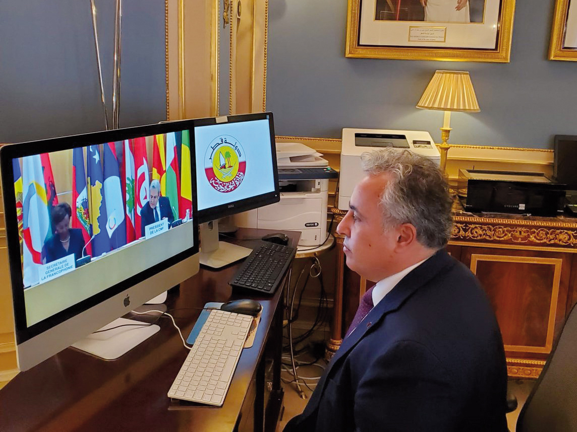 Ambassador of Qatar to the French Republic and Qatar’s representative to the International Organization of La Francophonie H E Sheikh Ali bin Jassim Al Thani attending the meeting via videoconferencing.
