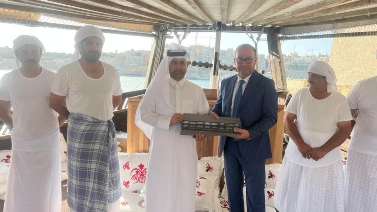 Katara General Manager Prof Dr. Khalid bin Ibrahim Al Sulaiti and Chargé d’Affaires of the Embassy of Qatar in Malta H E Khaled Ali Abel with crew members of Fath Al Khair 5 cruise.