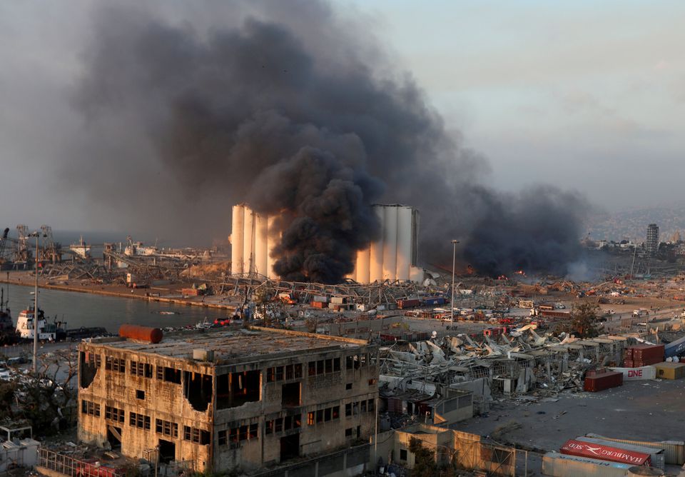 Smoke rises from the site of an explosion in Beirut's port area, Lebanon, on August 4, 2020. (REUTERS/Mohamed Azakir)

