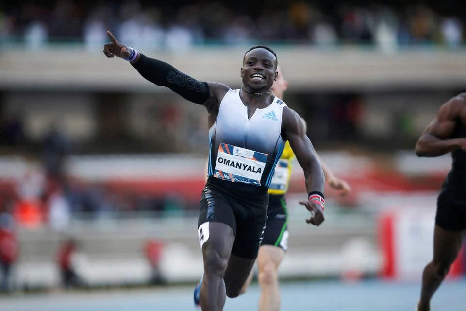 Kenya's Ferdinand Omanyala celebrates wining the men's 100 meters race during the third edition of Kip Keino Classic at the Kasarani stadium in Nairobi, Kenya May 7, 2022. REUTERS/Monicah Mwangi


