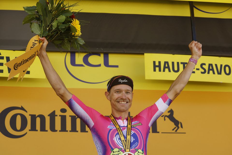 July 12, 2022 EF Education - Easypost's Magnus Cort Nielsen celebrates on the podium after winning stage 10 REUTERS/Gonzalo Fuentes