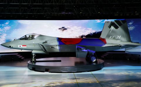 The country's first homegrown fighter jet called KF-21 is unveiled during its rollout ceremony in Sacheon, South Korea, April 9, 2021. Yonhap via REUTERS