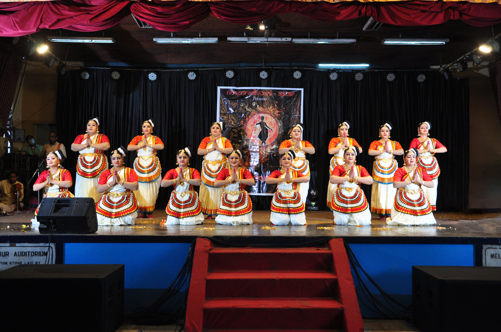 Cultural group Noopuradwani staging a Mohiniyattam performance at Melpathur auditorium, Guruvayur. 
