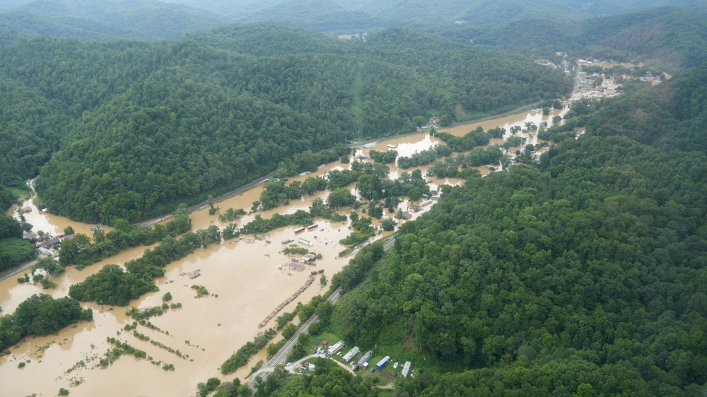 A valley lies flooded as seen from a helicopter during a tour by Kentucky Governor Andy Beshear over eastern Kentucky, U.S. July 29, 2022. Office of Governor Andy Beshear/Handout via REUTERS