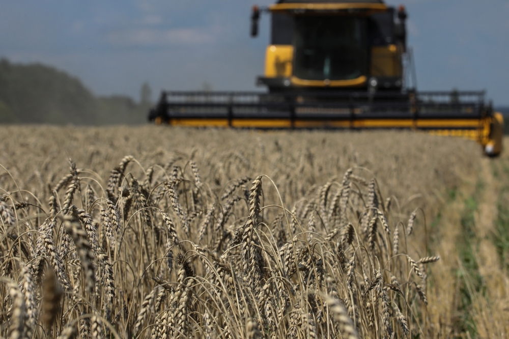 :A combine harvests wheat in a field, as Russia's attack on Ukraine continues, in Kharkiv Region, Ukraine July 30, 2022. REUTERS/Vyacheslav Madiyevskyy