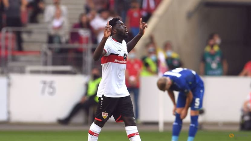 FILE PHOTO: Soccer Football - Bundesliga - VfB Stuttgart v Bayer Leverkusen - Mercedes-Benz Arena, Stuttgart, Germany - September 19, 2021 VfB Stuttgart's Orel Mangala celebrates scoring their first goal REUTERS/Andreas Geber