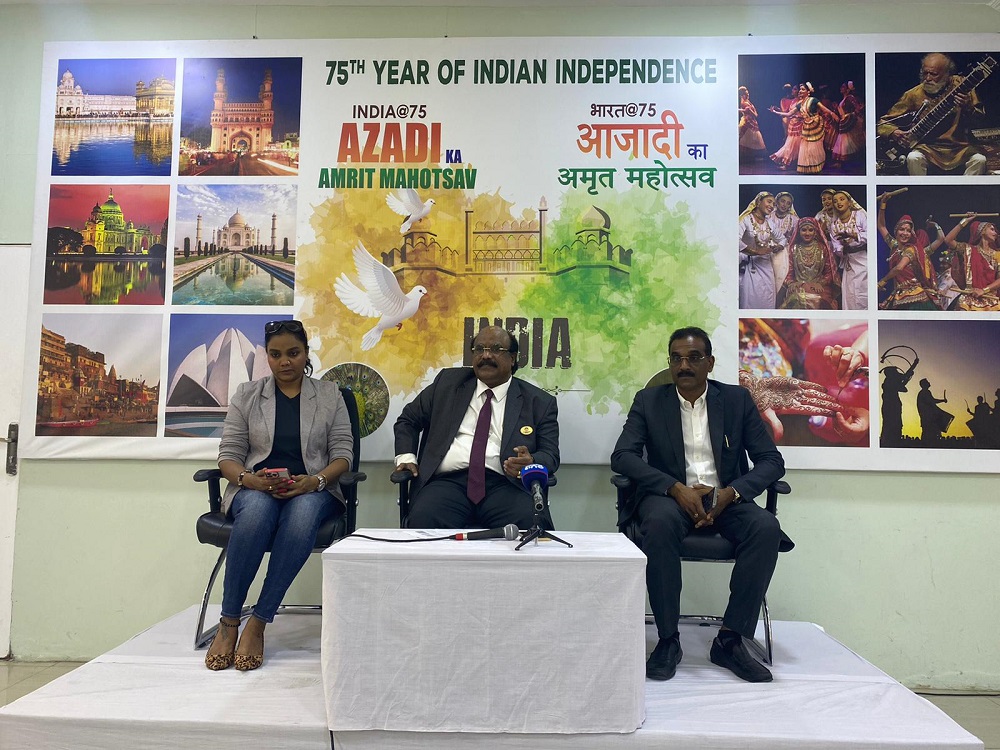 ICC President P N Babu Rajan (centre); Chairman, Celebration Committee A P Manikantan (right) and Cultural Coordinator Sumaa Mahesh Gowda during the press conference at the ICC premises yesterday. 