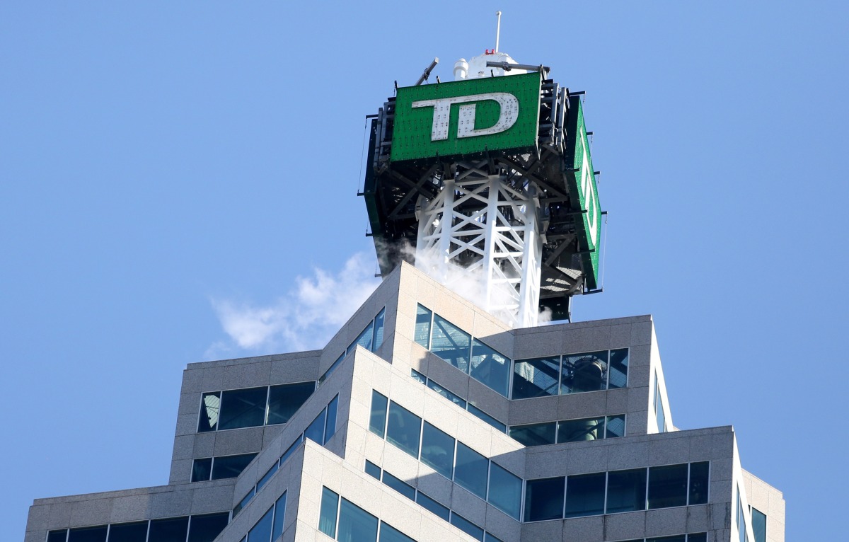 The TD bank logo is seen on top of the Toronto Dominion Canada Trust Tower in Toronto, Ontario, Canada March 16, 2017. Picture taken March 16, 2017. REUTERS/Chris Helgren/File Photo


