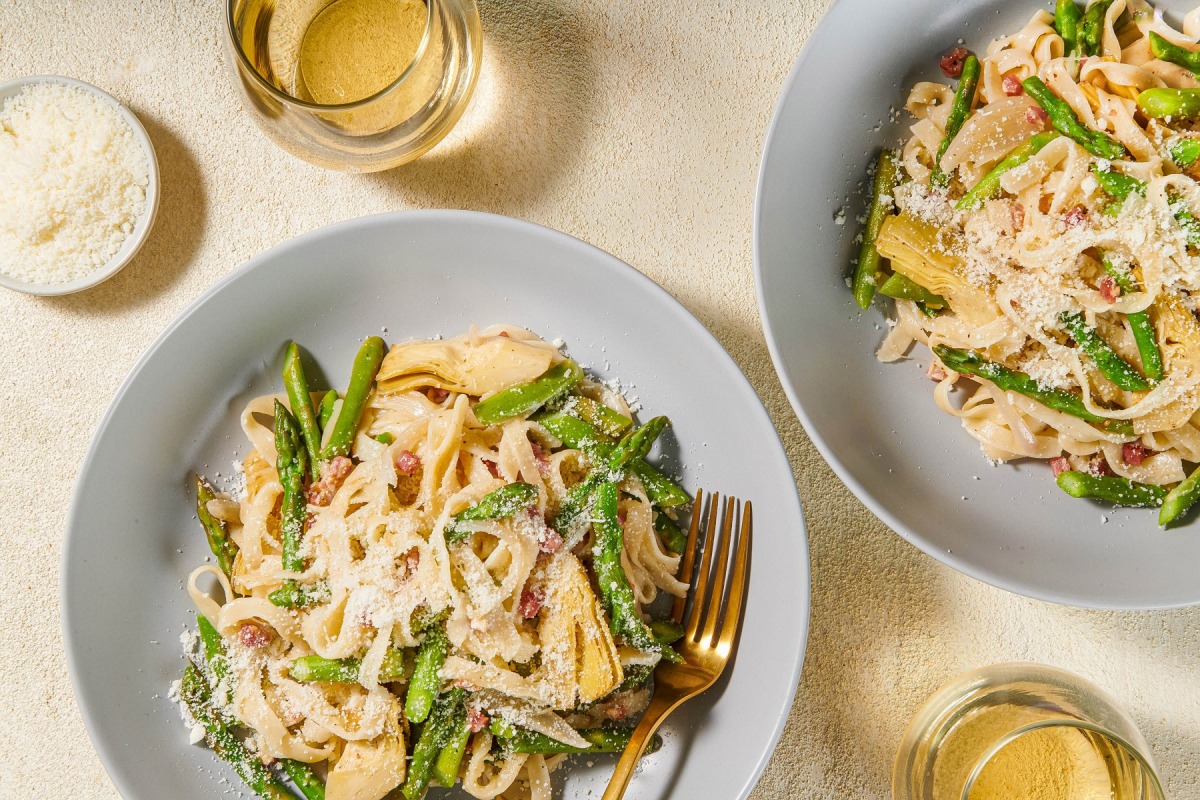 Fresh Pasta with Artichokes, Asparagus and Lemon-Mint Ricotta. Photo by Rey Lopez for The Washington Post.
