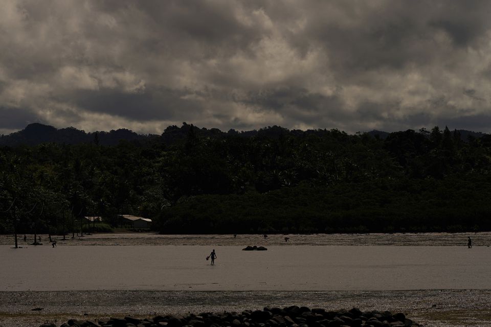 Villagers harvest edible seaweed, sea snails and other food sources during low tide next to Serua Village, Fiji, July 14, 2022. REUTERS/Loren Elliott

