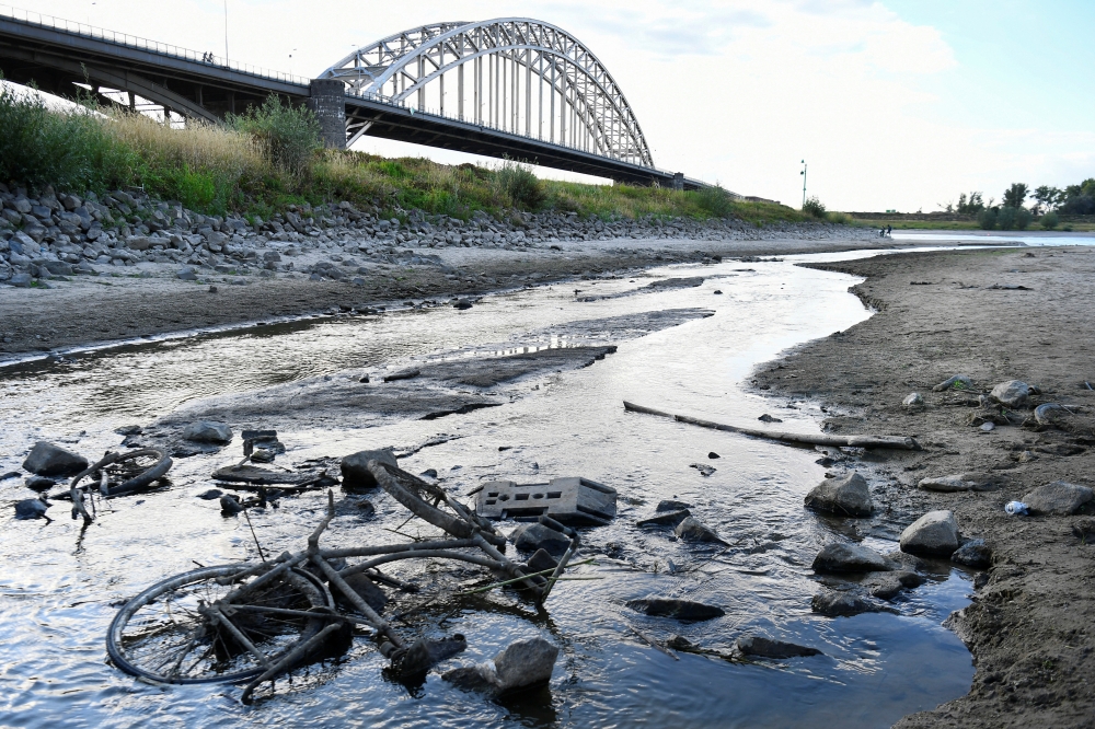 A view of bicycles that reemerged due to the low water level in a side channel of the Waal River in Nijmegen, Netherlands August 8, 2022. REUTERS/Piroschka van de Wouw