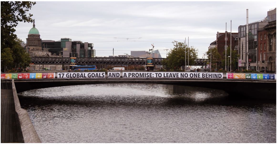 United Nations Sustainable Development 17 Global Goals banner displayed across Dublin’s Rosie Hackett Bridge over the River Liffey, Ireland.