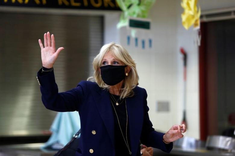File Photo:  US First Lady Jill Biden answers press questions after a conversation about school reopening in the midst of the coronavirus disease (COVID-19) outbreak, at the Jeffers Pond Elementary School in Prior Lake, Minnesota, US, September 9, 2020. (REUTERS/Nicole Neri)