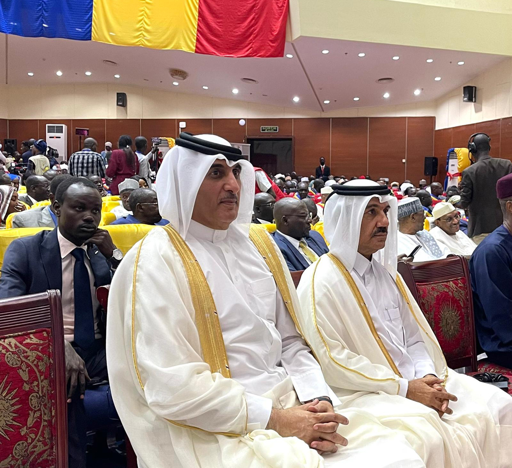 National Security Adviser to H H the Amir, H E Mohammed bin Ahmed Al Misnad, and Secretary General of the Ministry of Foreign Affairs, H E Ahmed bin Hassan Al Hammadi, attending the opening ceremony of a national dialogue in N'Djamena, Chad, yesterday.  