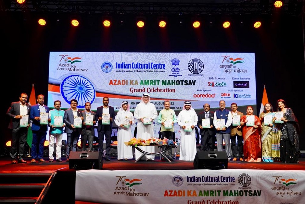 Ambassador of India to Qatar  H E Dr. Deepak Mittal, Lt Col Rashid Al Khayarin and Major Talal Menassar Al Madhouri with other officials during the celebration at Al Arabi Sports Club.