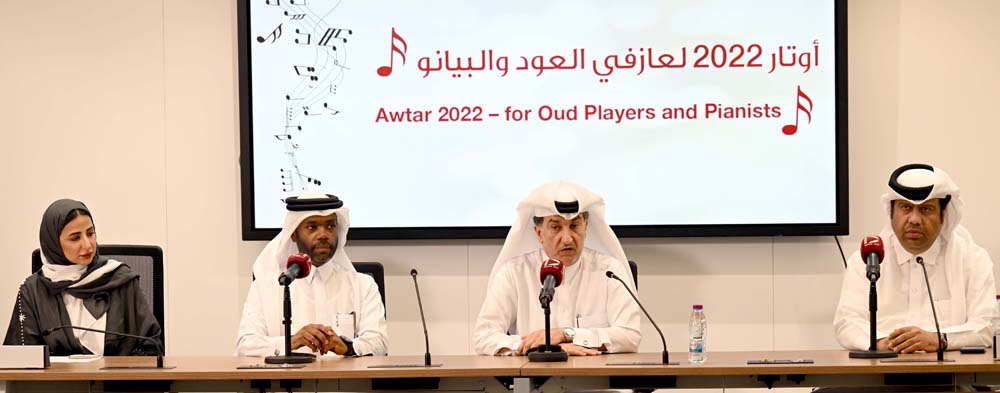 QU Director of Student Activities Abdullah Al Mulla (second from right) and Director of the Music Affairs Centre, Ministry of Sports and Culture Khaled Al Salem (right) with other officials at a press meet. 