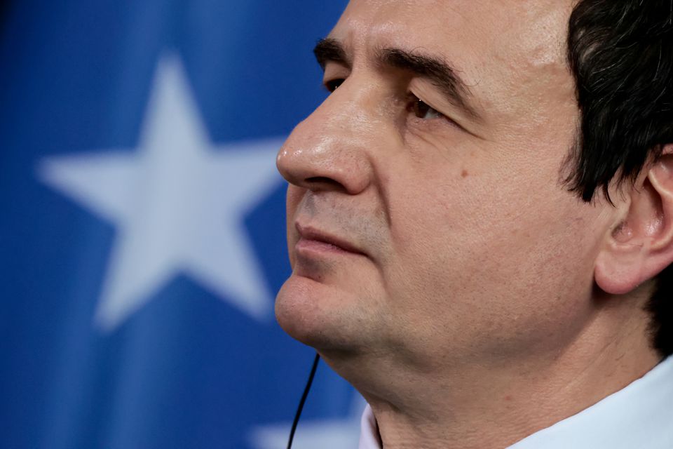 Kosovo's Prime Minister Albin Kurti looks on during a news conference with German Chancellor Olaf Scholz in Berlin, Germany, on May 4, 2022. REUTERS/Hannibal Hanschke
