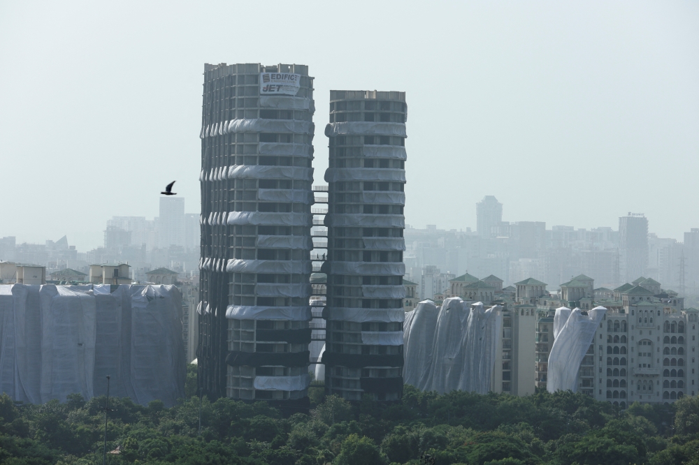 A view of Supertech Twin Towers ahead of its scheduled demolition by controlled explosion after the Supreme Court found them in violation of building norms, in Noida, India, August 28, 2022. REUTERS/ Anushree Fadnavis