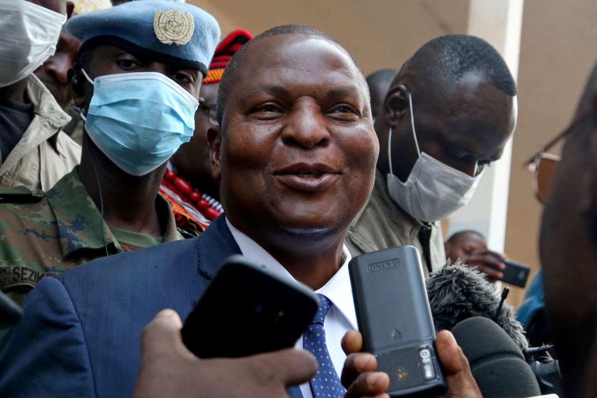 Central African Republic President Faustin Archange Touadera addresses the media outside a polling station, after casting his ballots during the Presidential and legislative elections at a polling station in Lycee Boganda, Bangui, Central African Republic,  December 27, 2020. REUTERS/Antonie Rolland