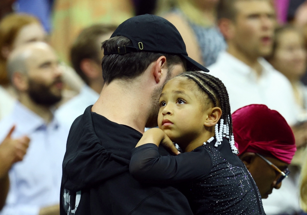 Serena Williams' daughter, Alexis Olympia Ohanian Jr, and husband Alexis Ohanian after Serena wins her first round match against Montenegro's Danka Kovinic Reuters/Mike Segar
 