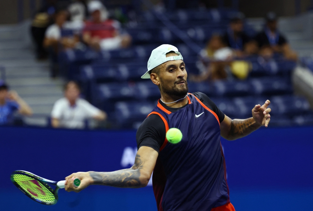 Australia's Nick Kyrgios in action during his first round match against Australia's Thanasi Kokkinakis at the US Open in Flushing Meadows, New York, on August 29, 2022.  REUTERS/Mike Segar