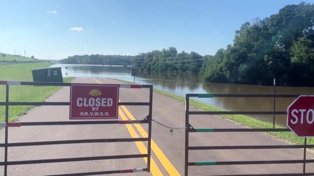 View shows closed gates next to a flooded area near Pearl River following water discharges from Barnett Reservoir over the weekend, in Ridgeland, Mississippi, U.S. in this screen grab taken from a video on August 29, 2022. REUTERS TV/via REUTERS