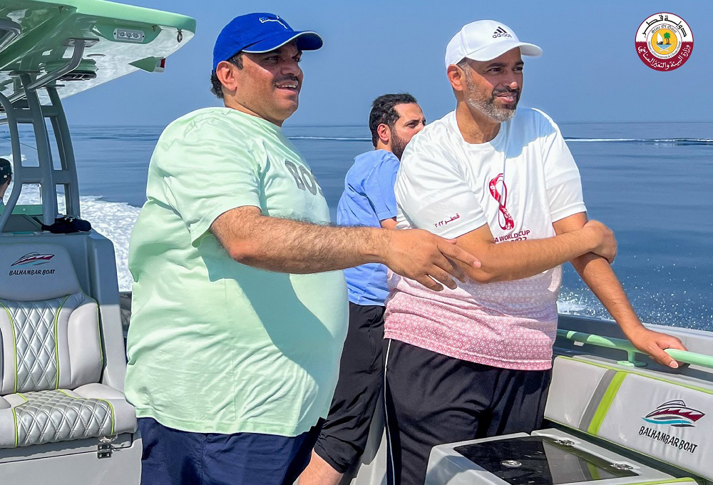 Minister of Environment and Climate Change H E Sheikh Dr. Faleh bin Nasser bin Ahmed bin Ali Al Thani during a trip to whale sharks congregation areas in Al Shaheen field north Qatar.