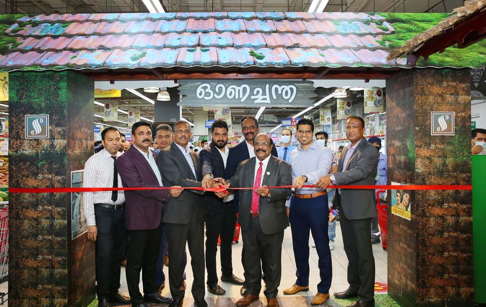 President of Indian Cultural Centre P N Baburajan, Chairman of Safari Group  Aboobackar Madappat, Managing Director of Safari Group, Shaheen Backer and other management representatives inaugurate the Onam promotions at Safari Mall, Abu Hamour.