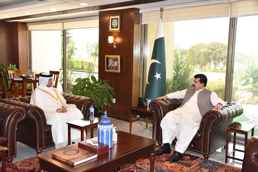 Chairman of the Senate of Pakistan H E Muhammad Sadiq Sanjrani and Ambassador of Qatar to Pakistan H E Sheikh Saoud bin Abdulrahman Al Thani during their meeting.