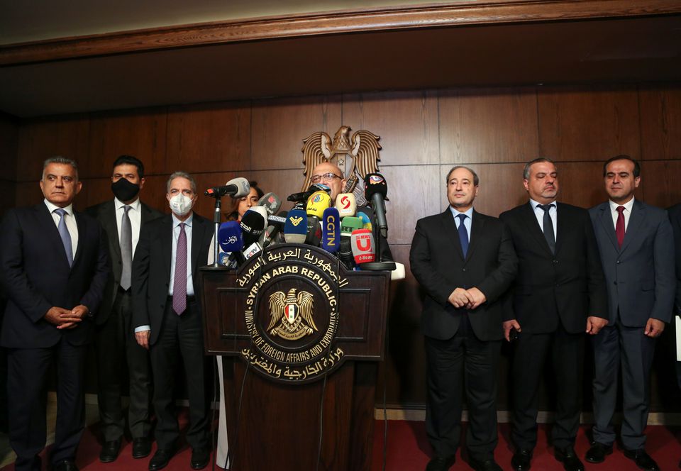 Syrian Foreign Minister Faisal al Mekdad, attends a news conference with the delegation from Lebanon's caretaker government in Damascus, Syria, on September 4, 2021. REUTERS/Yamam al Shaar