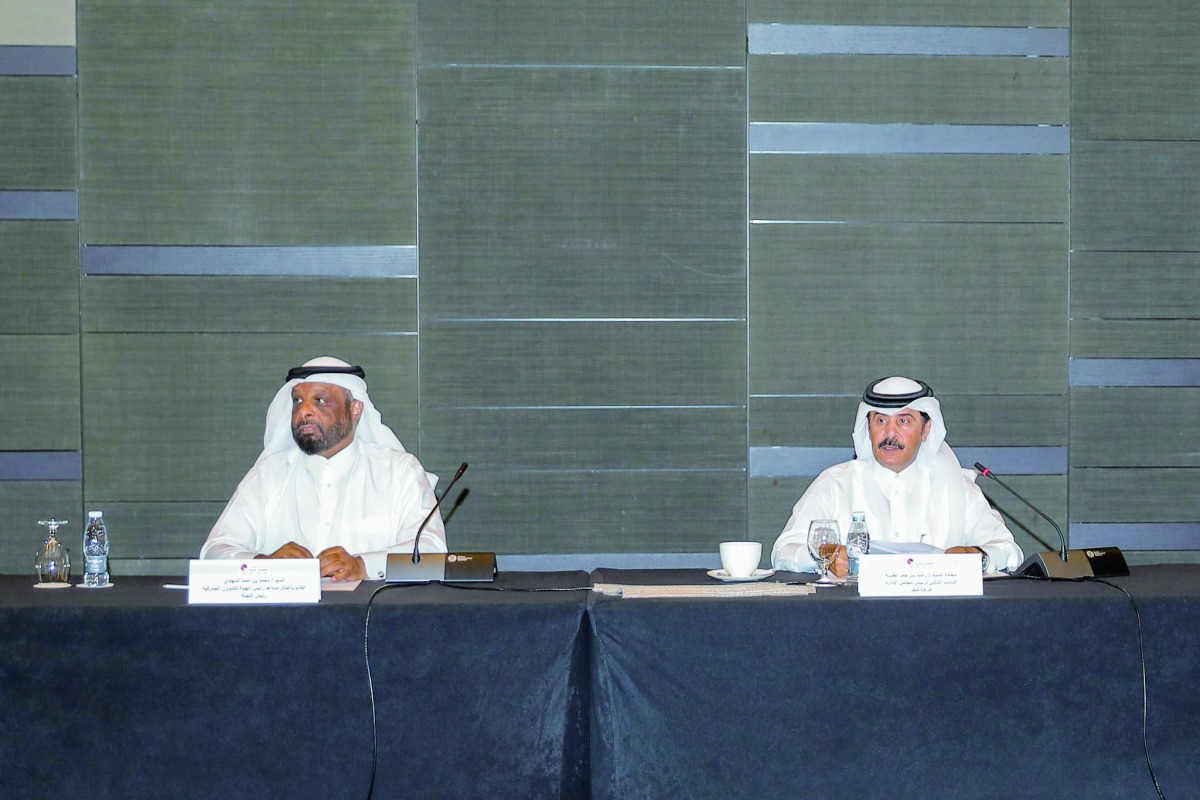 Qatar Chamber Second Vice-Chairman Rashid bin Hamad Al Athba and Acting Assistant of Chairman of the Authority for Customs Affairs and Chair of the National Committee Mohamed bin Ahmed Al Mohannadi, co-chairing the meeting in Doha, yesterday.   