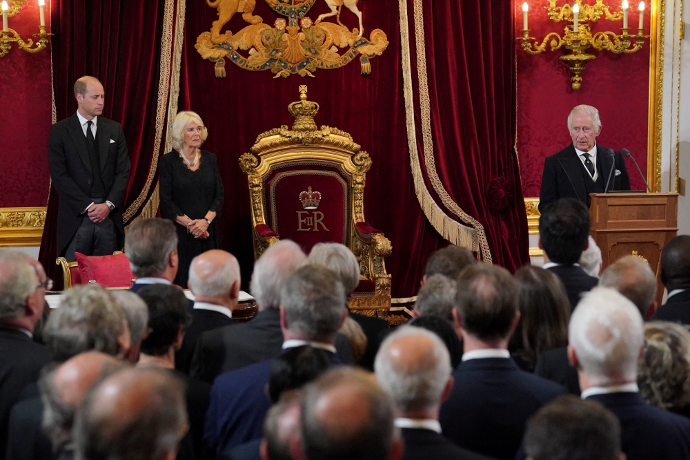 Britain's William, Prince of Wales and Queen Camilla listen as King Charles III speaks during the Accession Council at St James's Palace, in London, Britain September 10, 2022. Jonathan Brady/Pool via Reuters
