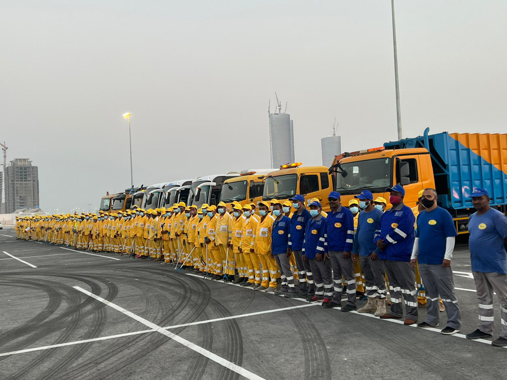Members of cleaning teams, vehicles and machines that participated in cleaning operation of Lusail Stadium.  