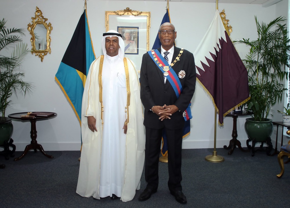 Governor-General of the Bahamas H E Cornelius Alvin Smith with  Non-resident Ambassador Extraordinary and Plenipotentiary of Qatar to the Bahamas H E Jamal Nasser Al Badr.