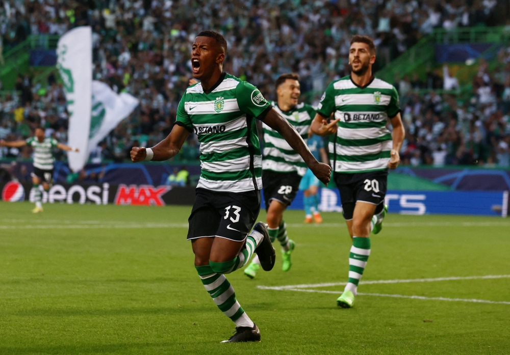 Sporting CP's Arthur Gomes celebrates scoring their second goal during the UEFA Champions League Group D match against Tottenham Hotspur at the Estadio Jose Alvalade, Lisbon, on September 13, 2022.  REUTERS/Pedro Nunes